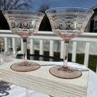 Vintage Pink Depression Glasses Wine set 4 Etched Floral Elegant Stemware 1930's