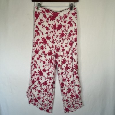 Lulu s Pink White Floral Lined Wide Leg Pants Asymmetrical Tulip Hem Small
