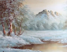 Painting on canvas Framed 21"x25" snowy Winter Mountain Forest Nature Landscape