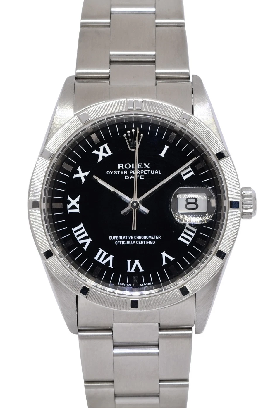 Rolex — Rolex Date Steel Black Dial Engine Turned Bezel 34mm Watch A 15210