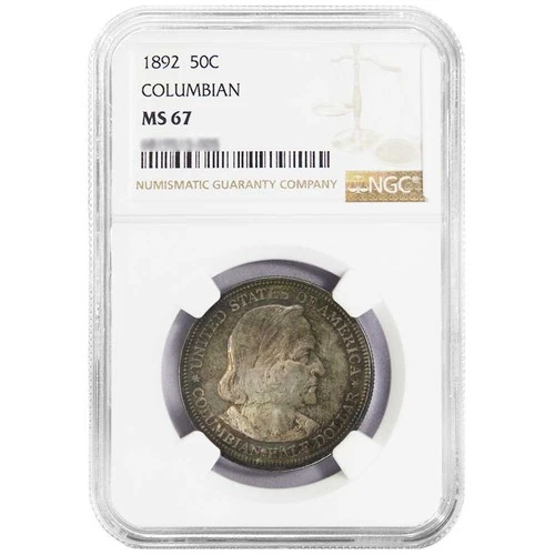 1892 Columbian Silver 50c Rainbow Toned NGC MS67 Brown Label