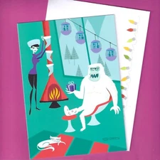 SHAG Josh Agle Xmas Holiday Card Art WONDERFUL TIME Christmas Snowman Yeti cat🎄