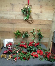 Vintage Silk Christmas Greenery Decor Wreath Floral Stems Candle Rings Lot of 20