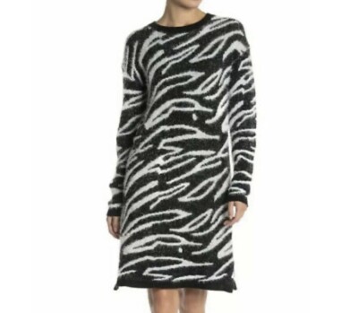 Susina Women's  Soft Furry Black Ivory Animal Print Long Sleeve Sweater Dress S