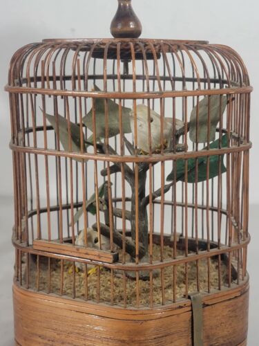 Vintage Mid Century Bamboo Chinese Bird Cage With Singing Birds Battery Operated - Picture 2 of 6