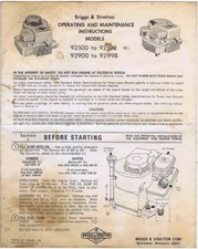 Briggs & Stratton Operating and Maintenance Instructions, Models 92500-92598++