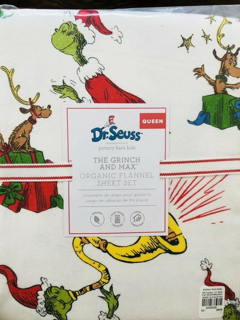 Pottery Barn Kids Grinch Max Flannel Cotton Queen Sheet Set