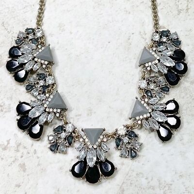 Crystal Statement Silver Necklace Black Clear Mint Adjustable