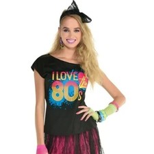 Neon 80s Adult Halloween Costume Off The Shoulder Top Black Multicolor Womens