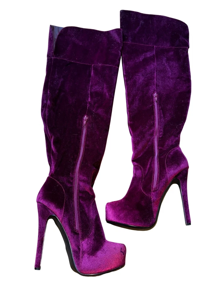 Платформа бордовый бархат над колена высокий каблук ботинки размер 9,5 готики сексуальный вампир - Изображение 2 из 4