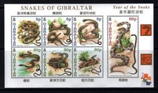 Gibraltar 2001 año de serpiente, animales, hoja recuerdo naturaleza MNH