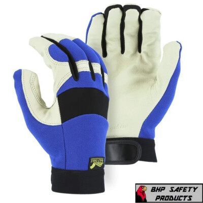 Bald Eagle Mechanics Work Glove Pigskin Leather Palm Stretch Knit Back Blue 1/PR