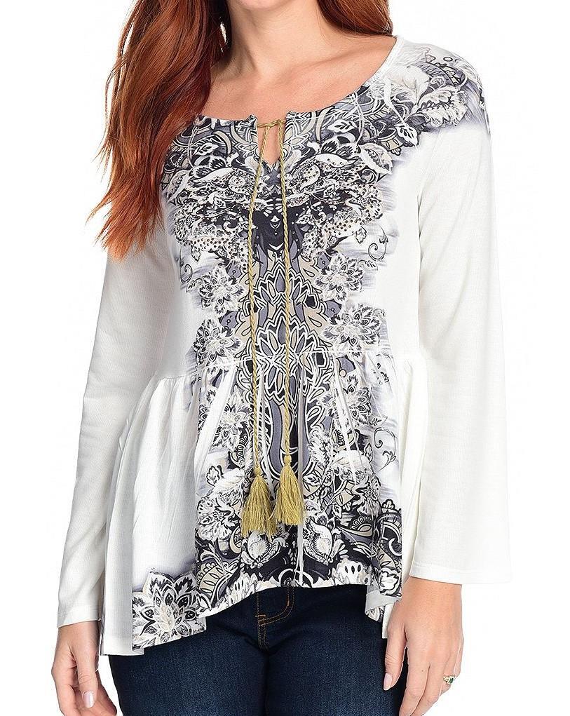 NEW One World Printed Knit Bell Sleeve Embellished TieNeck Top 1X