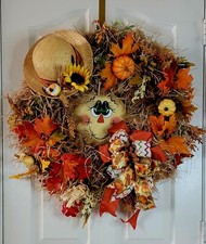 Happy Scarecrow Wreath Complete with Hat and Fall Foliage. 25" Across