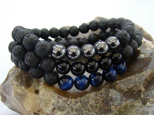 3er Set Edelstein Perlen Armbänder, Lava, Hämatit, schwarzer Achat, blaues Tigerauge - Bild 3 von 7