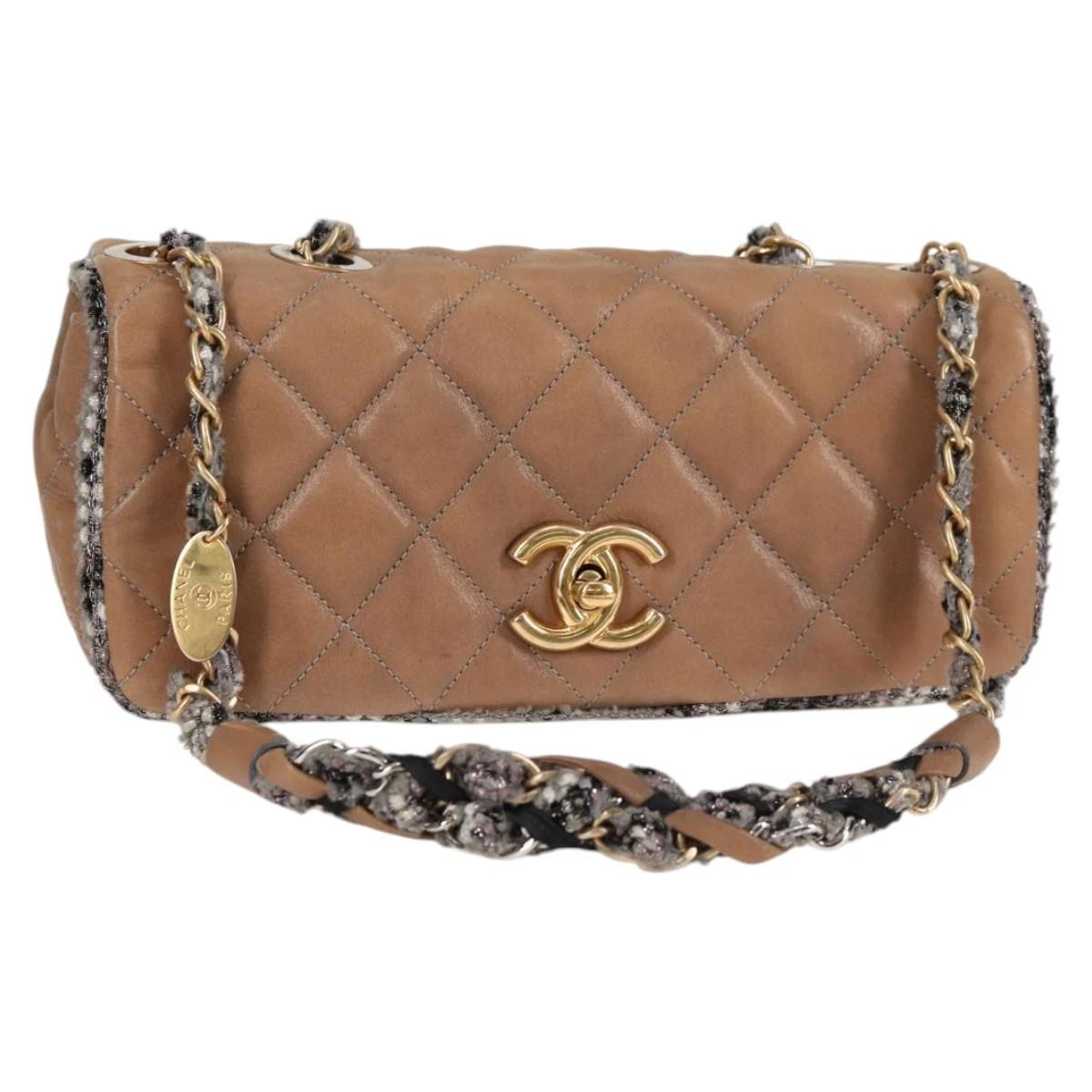 Borsa a tracolla CHANEL Matelasse catena rivestita in tela beige CC Auth 118136A