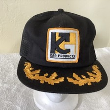 Vintage K Products Snapback Hat Black Yellow Kar Products Mesh Trucker USA Made