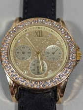 Womans Gold Tone Dial Crystal Accent Round Case Black Band Watch 7 Inch