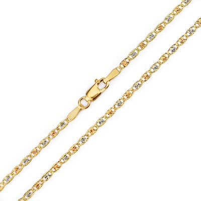 14k Tri-Color Valentino Solid Gold Chain DiamondCut Yellow White Rose 2mm 16''