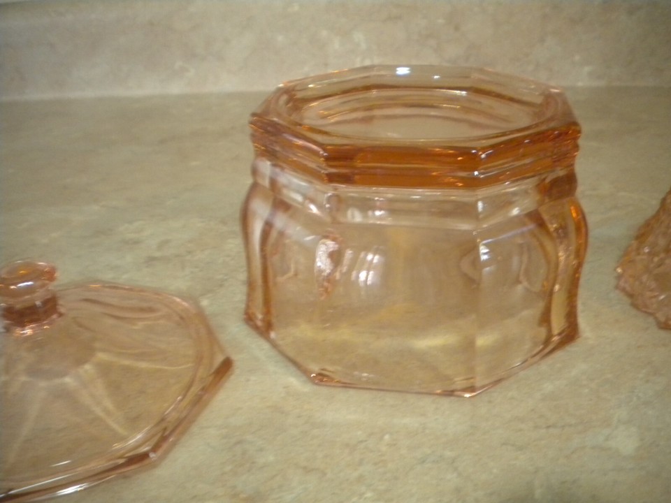 Indiana Pink Depression Glass Octagon Candy Vanity Dish w/ Lid + candle