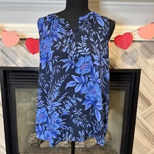 Loft Floral Sleeveless Blouse Top Blue Botanical Print Casual Tank