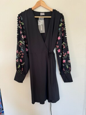 Vero Moda Black Wrap Dress with Floral Sleeves, Size L, NWT