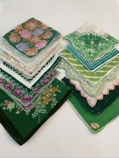 Vintage Ladies Hankies Lot Of 12 - MORE GREENS - SHADES OF GREEN EX COND