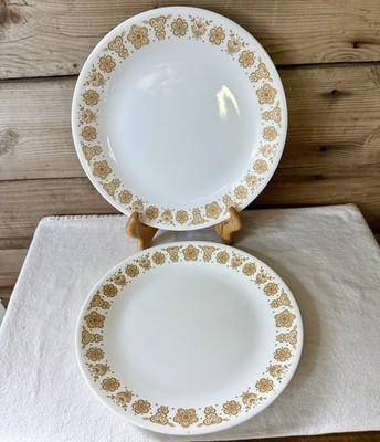 Two Corning Corelle Glass Butterfly Gold Dinner Plates 