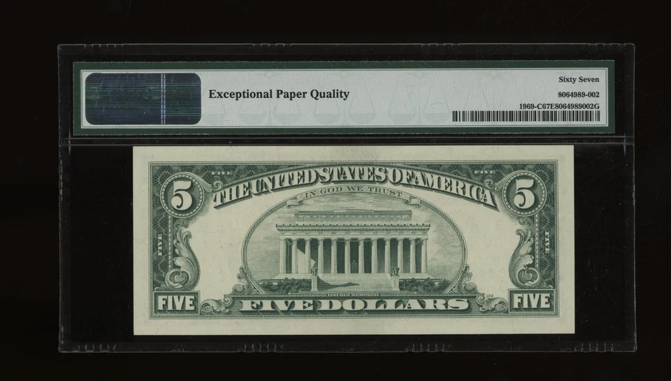 DBR 1969 $5 FRN Philadelphia Fr. 1969-C Superb Gem PMG 67 EPQ Serial C09800607A - Image 2 of 2