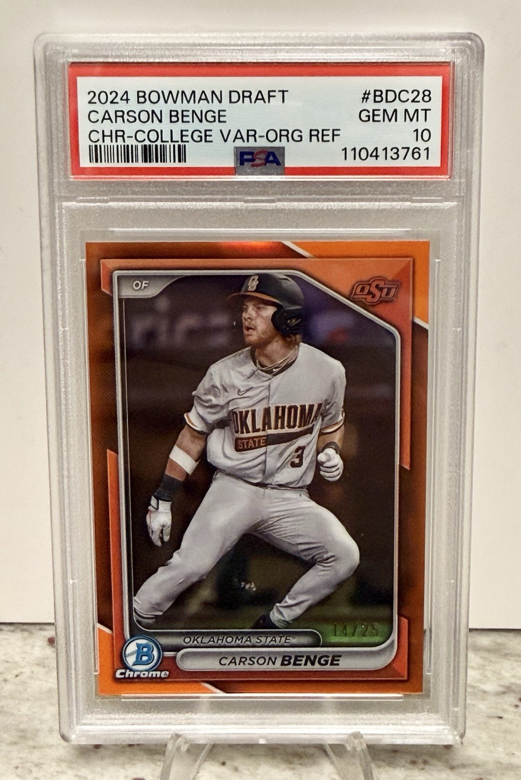 Topps 2024 Bowman Draft Chrome Carson Benge BDC-28 Orange Ref /25 RC PSA 10