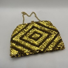 Vintage Gold Sequin Beaded Evening Bag Made in Hong Kong Gold Chain Kiss Lock