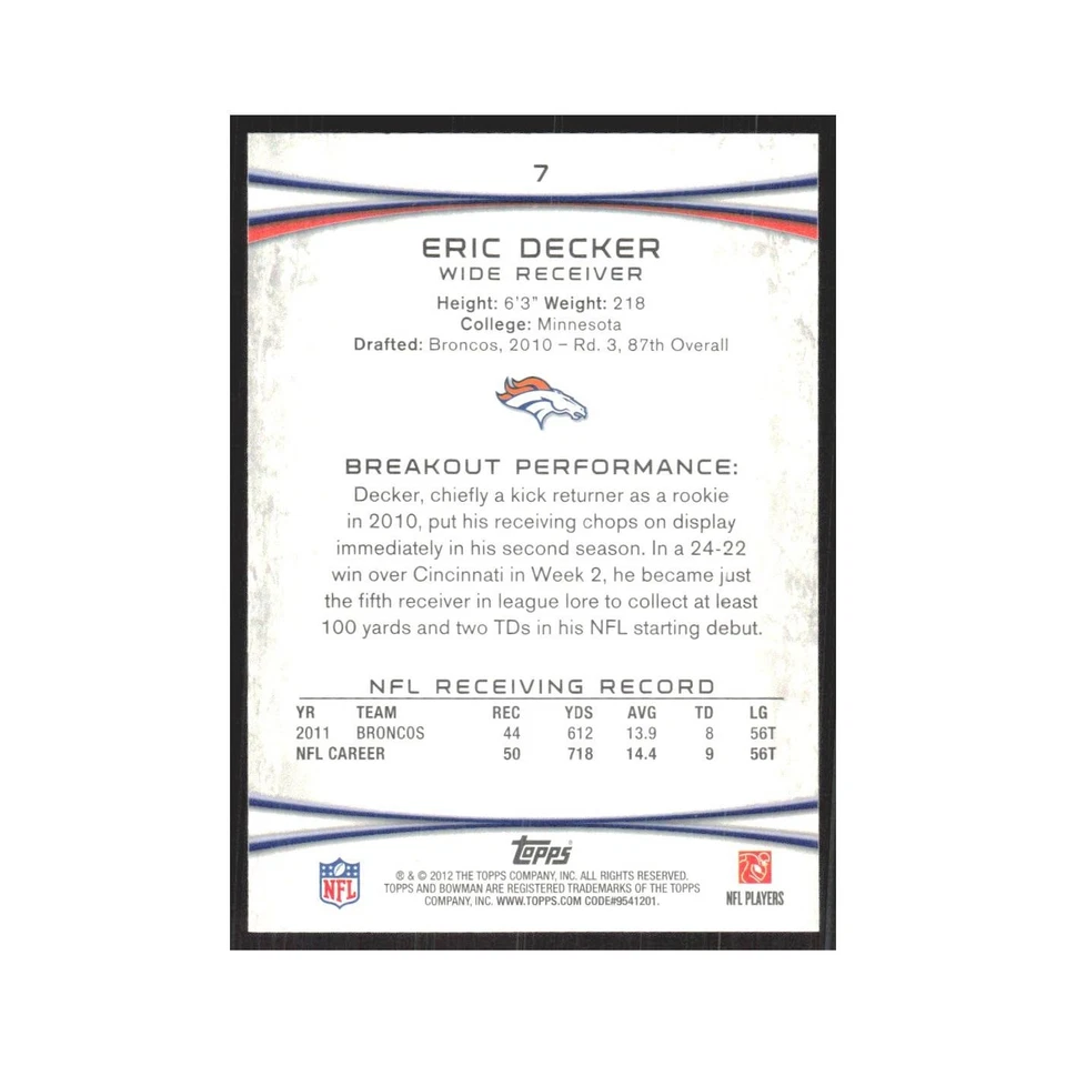 2012 Bowman Eric Decker Broncos #7 - Image 2 of 3