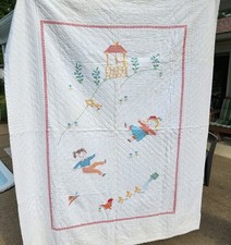 VTG Heirloom Baby Quilt Hand Embroidered Hand Quilted Jack  Jill 52"x 66" Large