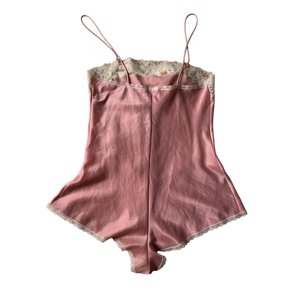 Vintage Sasson Pink Satin Teddy Lace Trim Bodysuit Romper Lingerie Playsuit | XS - Image 3 of 4