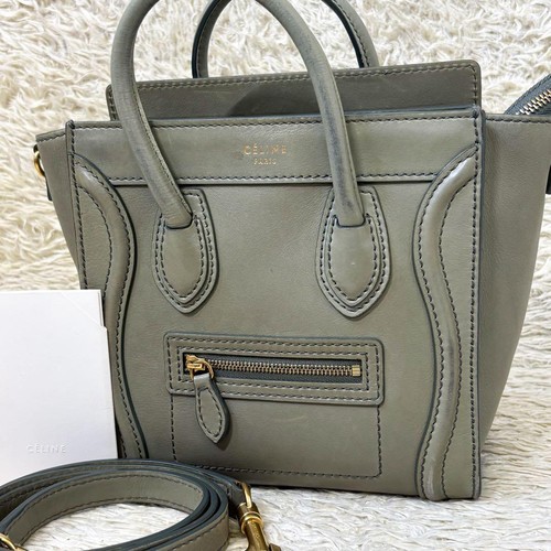 Celine Luggage Nano Shopper Handbag Khaki 2Way Crossbody Used