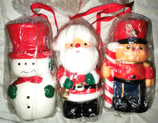 3 Vintage 1980's Christmas Candles Santa Claus, Snowman, Toy Soldier NOS 7.5x4  