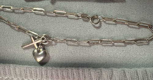 10k Yellow Gold Paperclip Bracelet Heart & Cross Charm Puffy 3D 7 1/2 Adjustable - Picture 11 of 13