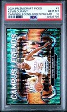 2024 PANINI PRIZM DP CAMPUS LEGENDS 3 KEVIN DURANT GREEN PULSAR #/25 PSA 10