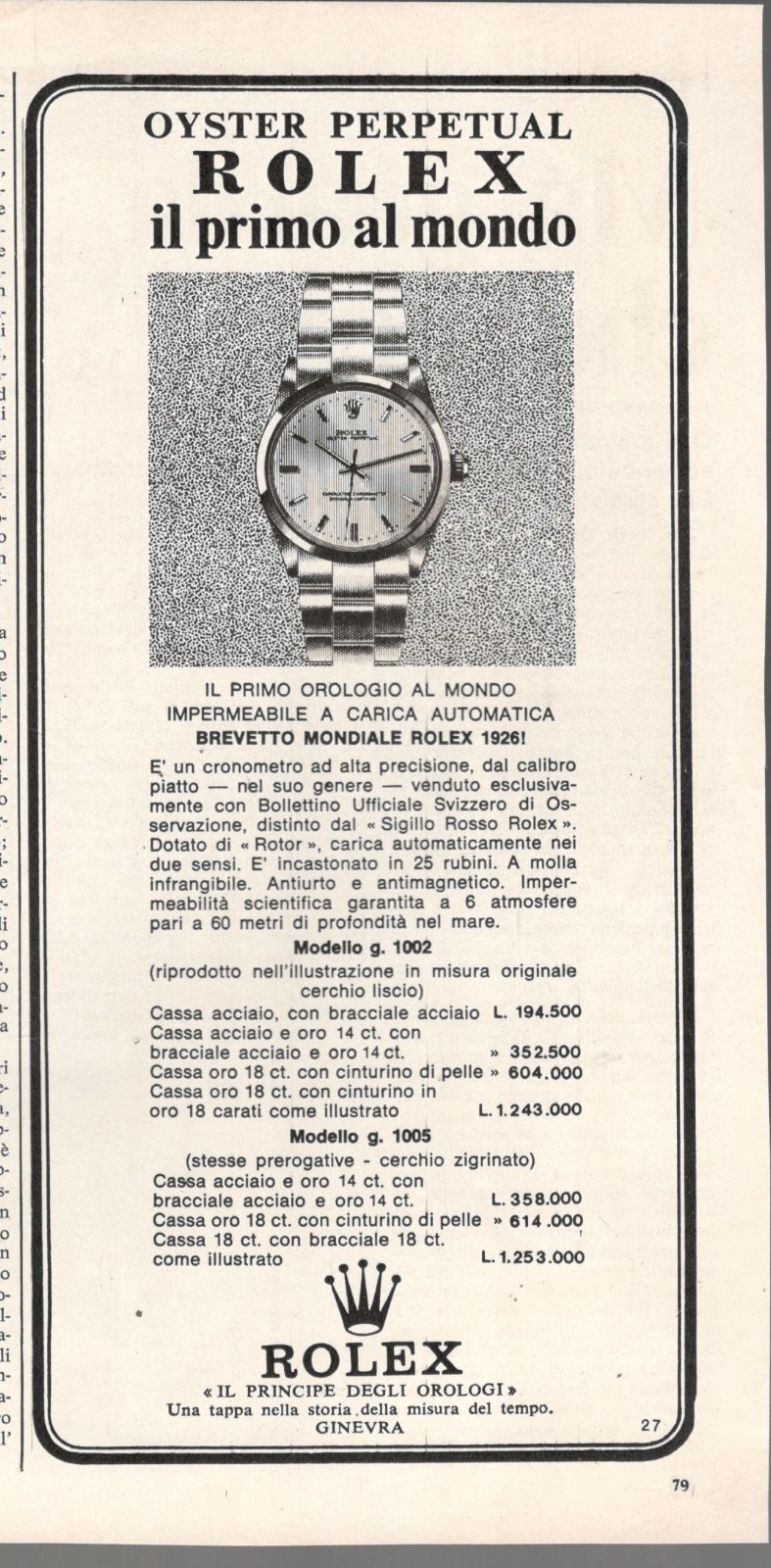 ROLEX Pubblicità OROLOGIO OYSTER PERPETUAL MOD. 1002-5 (clipping) 1 Pagina 1974