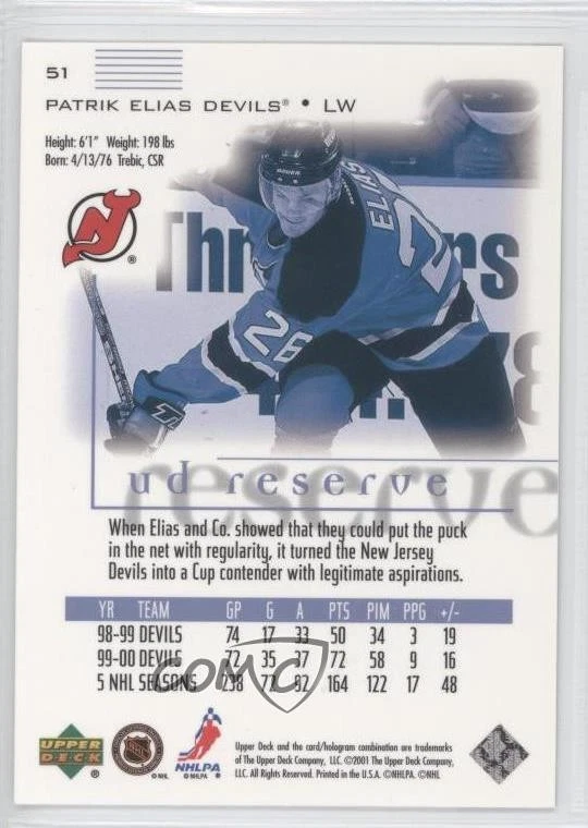 2000-01 Upper Deck Reserve Patrik Elias #51 - Image 2 of 2