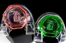 Set Of Two Bohemian Czech Intaglio Cut Glass Pink & Green 2 1/4" Salt Dips 1920s