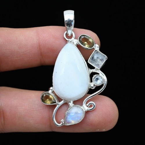 Rainbow Moonstone Gemstone 925 Sterling Silver Handmade Pendant Jewelry Gift For
