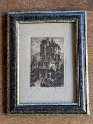 Schöner Bilderrahmen für 13 x 18 mit Original Radierung Burg Elz Signiert