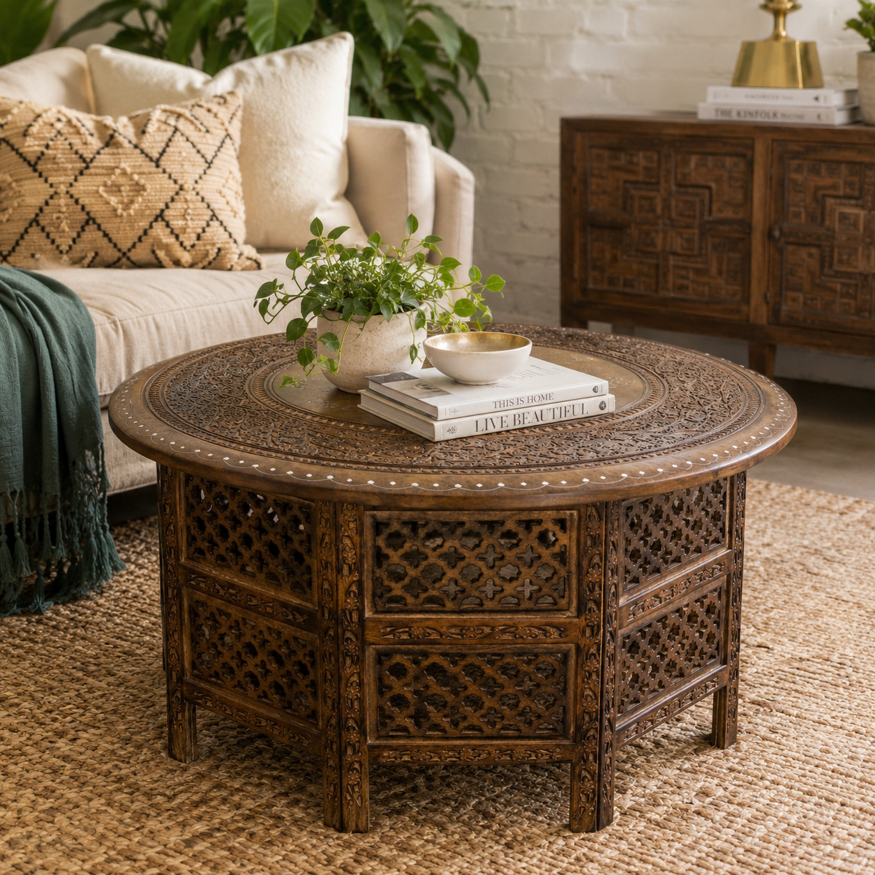 Damodar Hand Carved Mango Wood Coffee Table Metal Inlay Indian End