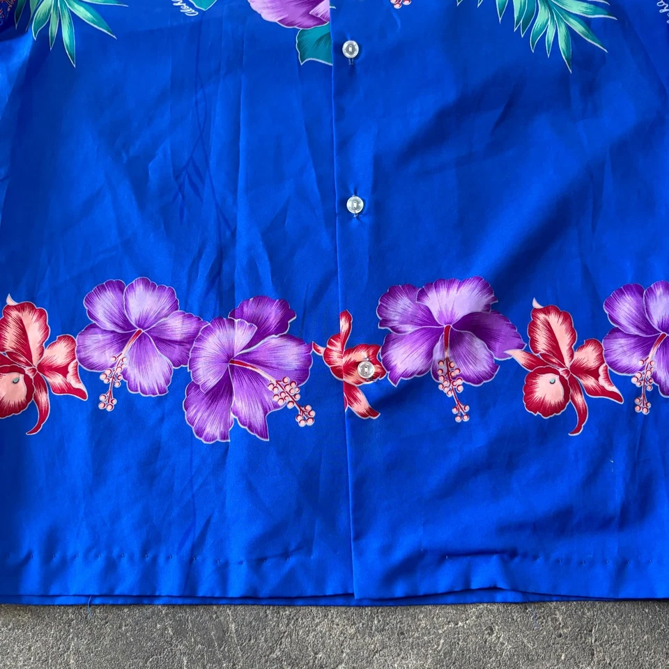 Vintage Shoreline Hawaiian Aloha Button Up Shirt Men's M Blue Hibiscus 70s USA - Image 3 of 4