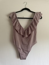New PINK Victorias Secret Dreamy Lilac Shine Ruffle Deep V One Piece Swim Suit L