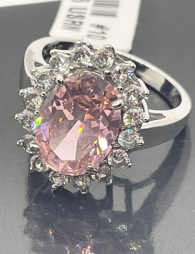 Ladies pink ring oval sapphire cz stainless steel 12 carat dress silver 676 - Picture 2 of 6