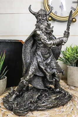 Viking Berserker Warrior With Bull Horn Helmet Wielding Sword Statue 10''H