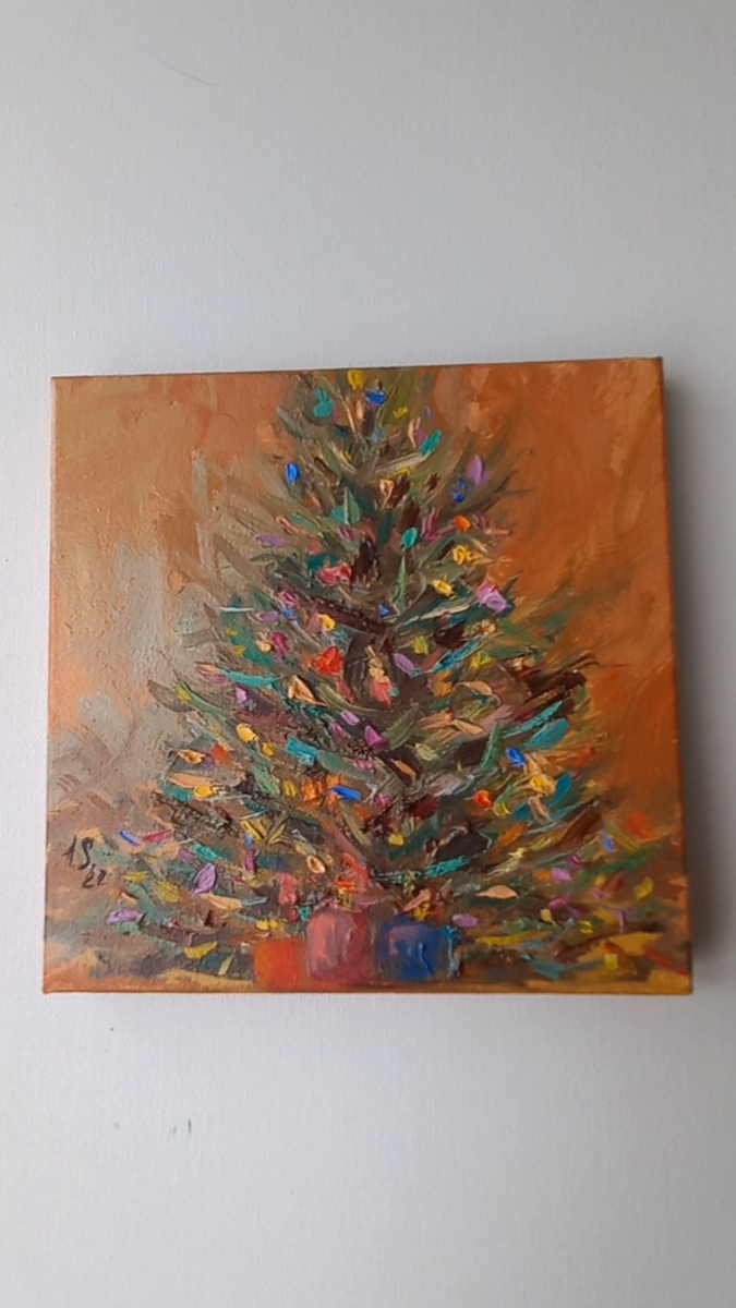 Christmas tree with toys painting, Ukrainian painting, impasto Oil