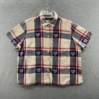 north crest Womens Short Sleeve Button Up shirt American Flag Hearts 4th Of July
